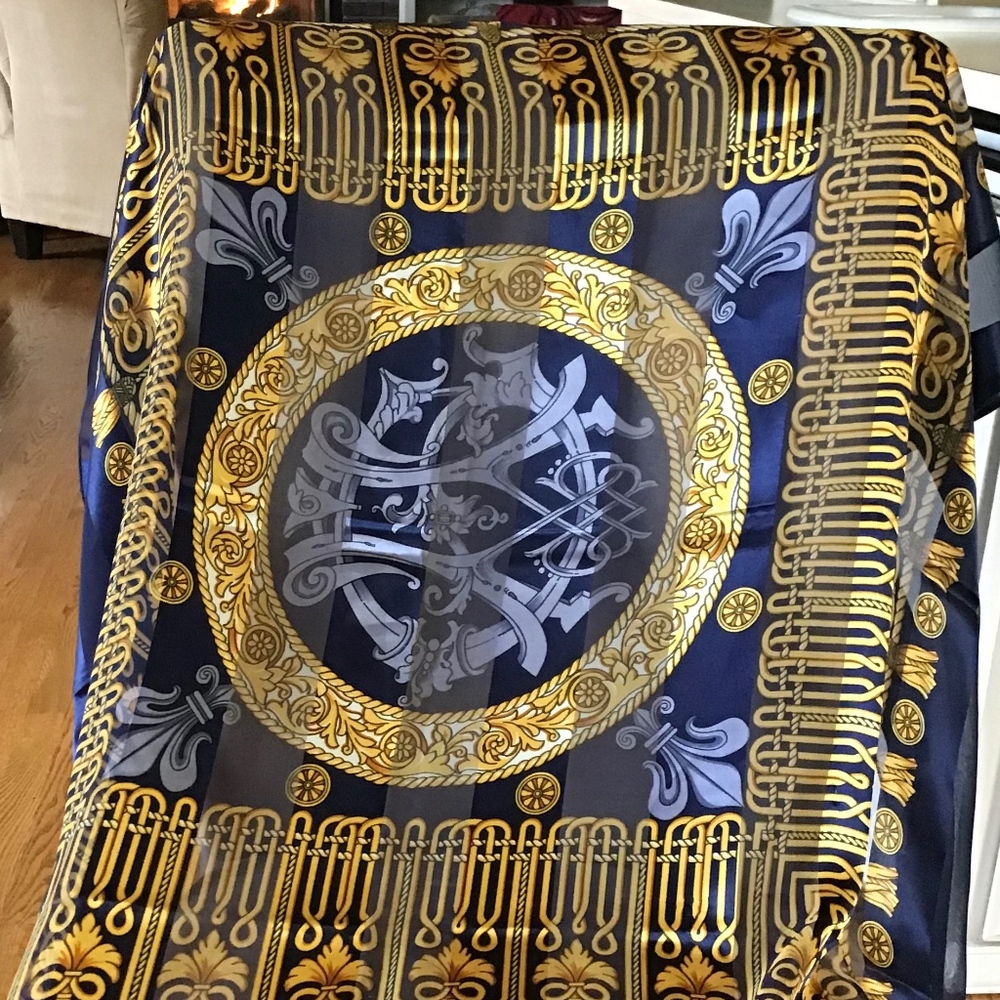 Vintage Navy & Gold large satiny fashion scarf